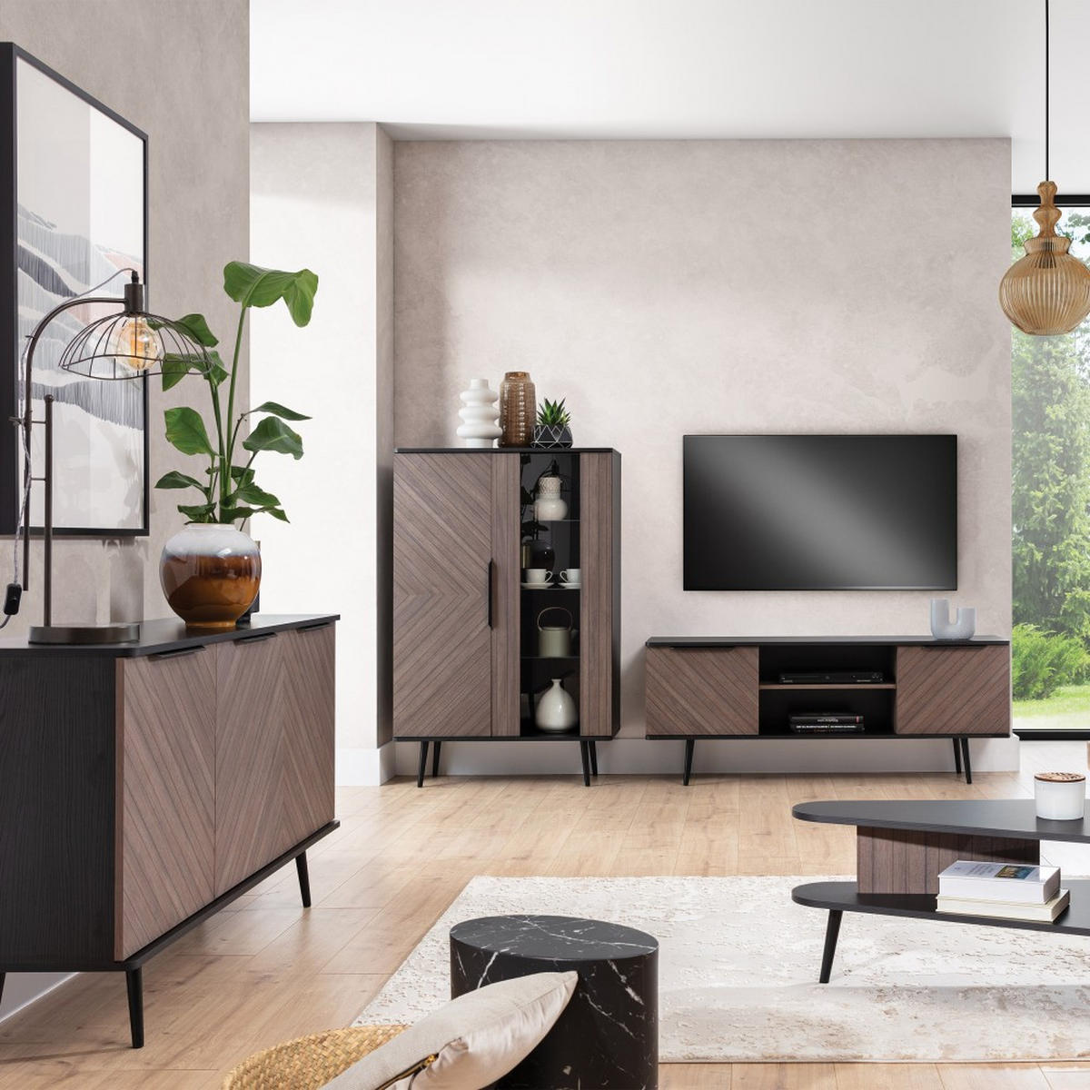 LOWBOARD Parini mit 2 Türen, mit Metallbeine, Graphitschwarz/Captains Deck - Eichefarben, Holzwerkstoff/Metall (150/60/41cm) - Beautysofa