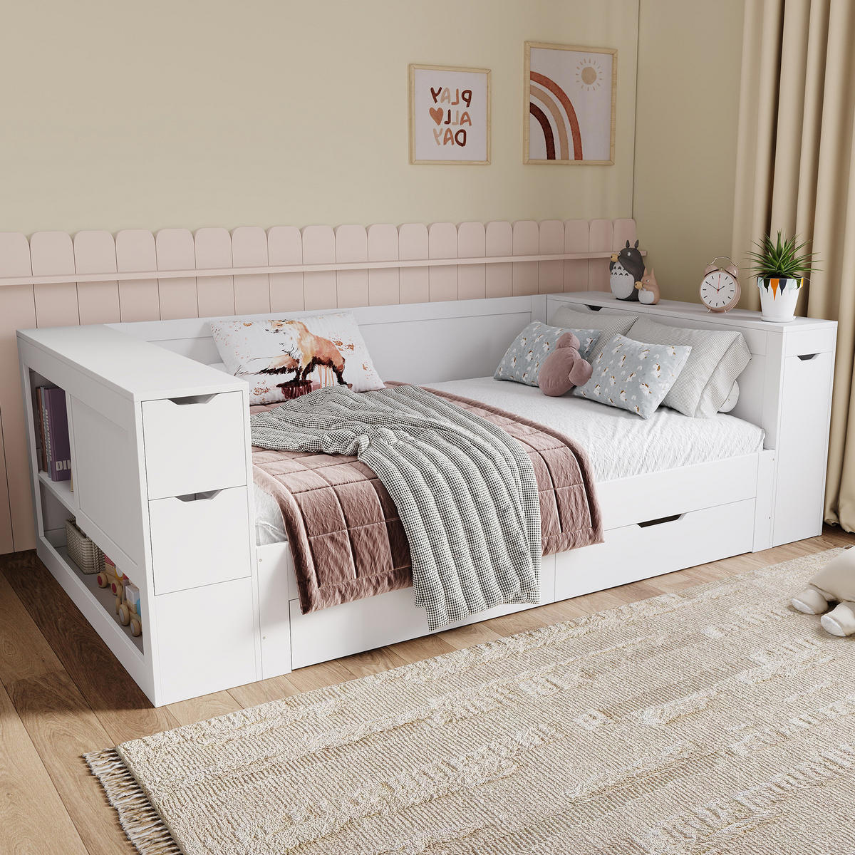 DETSKÁ posteľ 90/200 cm biela, MDF, s úložným priestorom a roštom - biela, kompozitné drevo (90/200cm) - BEAOK