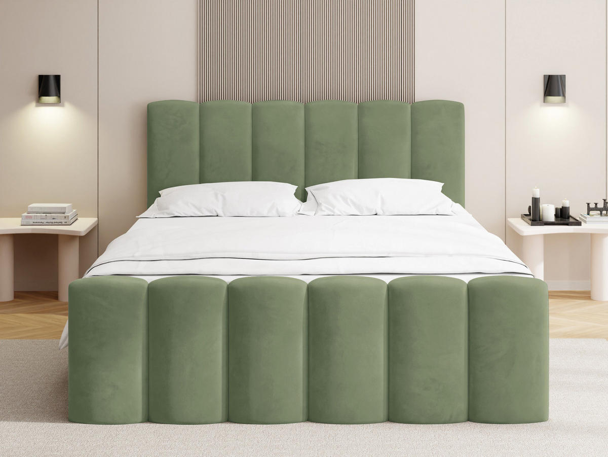 BOXBETT Serenity mit Bettkasten, Salbeigrün Samt 200x200 cm – inkl. H4 Taschenfederkern Matratze & Foam Topper - Salbeigrün/Schwarz, Holz/Holzwerkstoff (200/200cm) - WFL GROUP