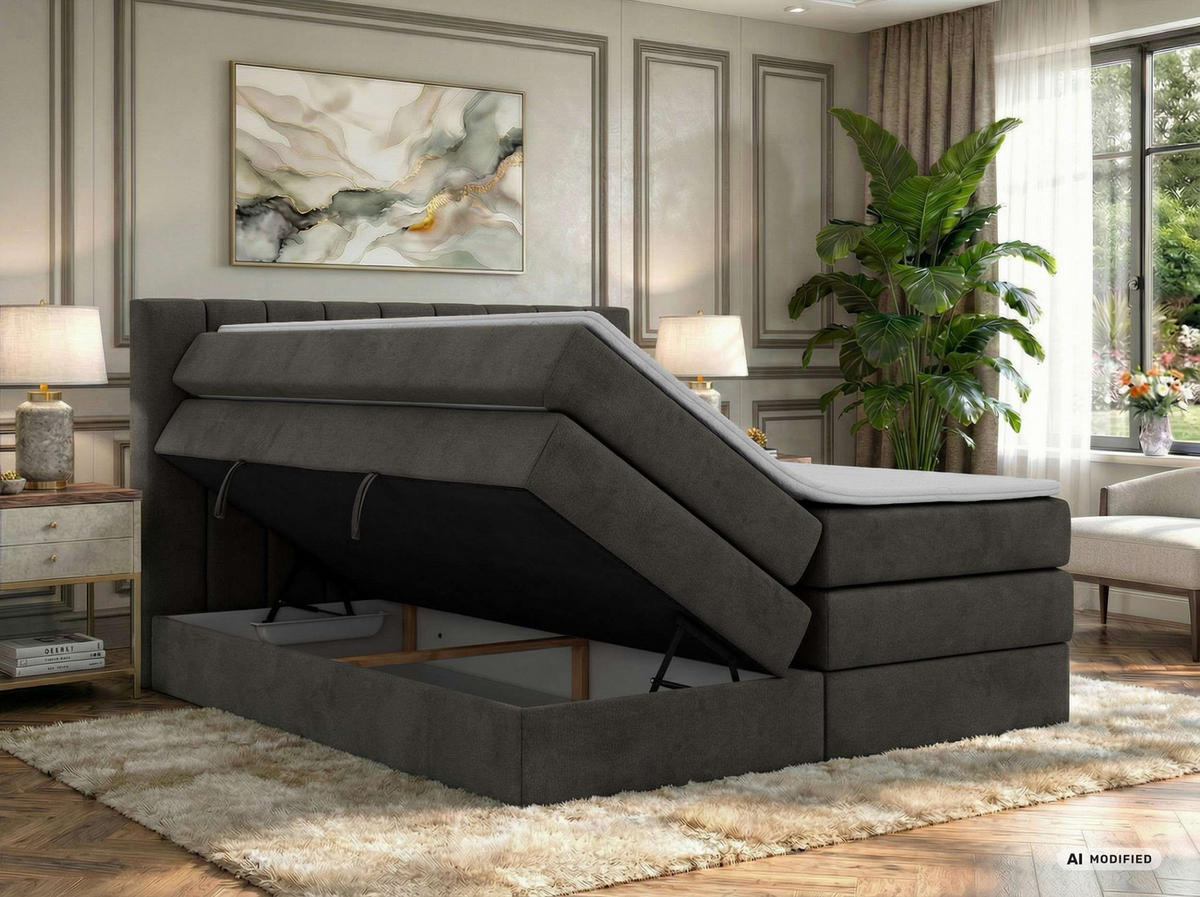 BOXSPRINGBETT ALVER KING 200/200 - Dunkelgrau Velvet - Topper T25 - H3 - Dunkelgrau/Schwarz, Kunststoff/Textil (200/200cm) - MKS
