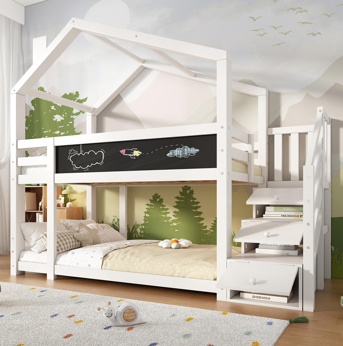 HAUSBETT 90/200 cm in Weiß mit Tafel und Stauraum - Weiß, Holzwerkstoff (90/200cm) - Flora Grace