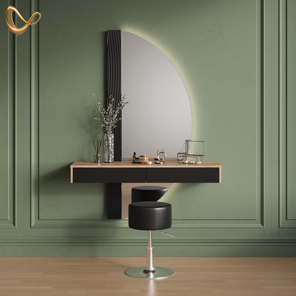 SCHMINKTISCH Ascona Schwarz mit Beleuchtung und Hocker - Eichefarben/Schwarz, Holzwerkstoff (120/161.1/40cm) - Livinity®