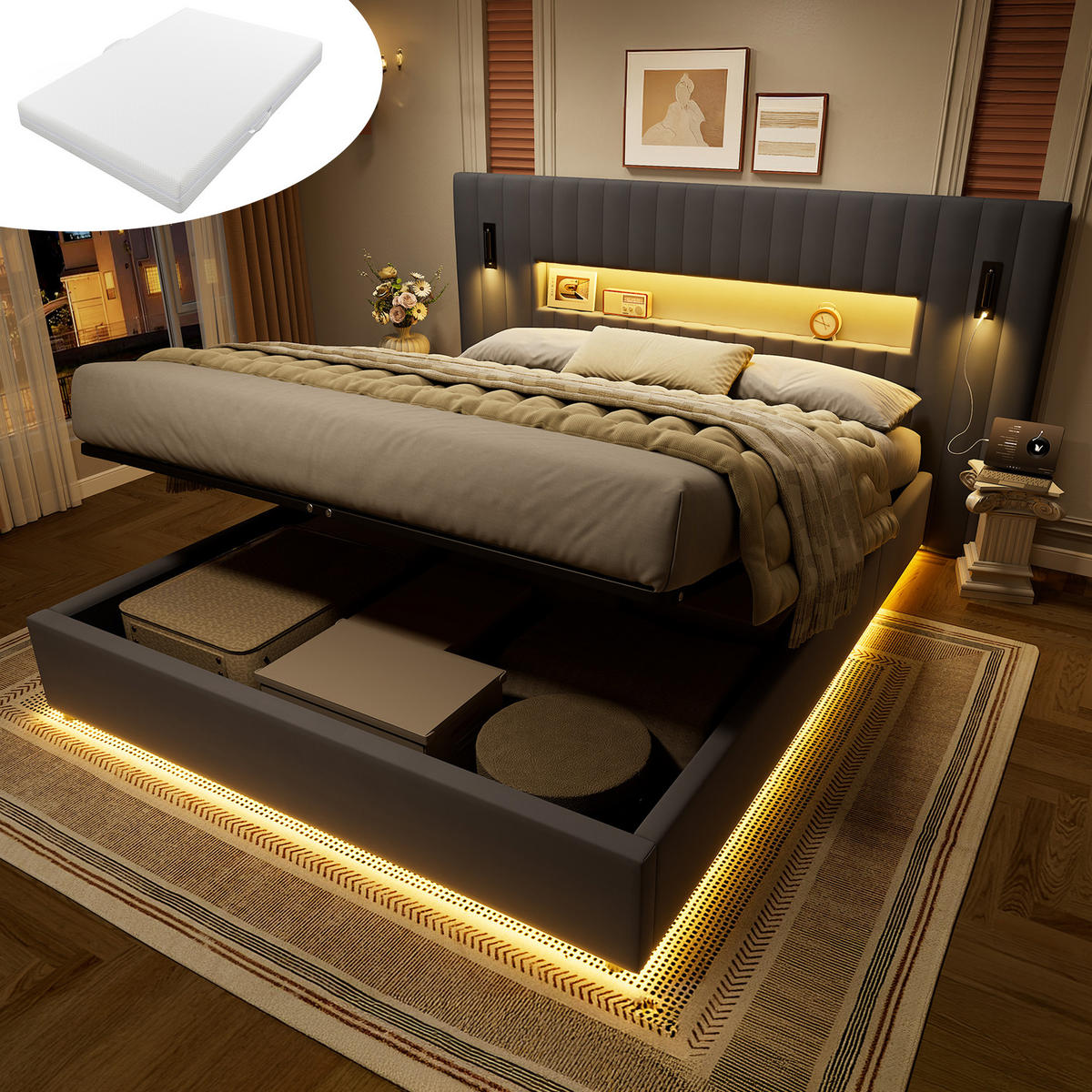 POLSTERBETT 180×200 Doppelbett mit Bettkasten,aus Samt mit Matratze, Grau - Grau, Textil (180/200cm) - EVRYAE