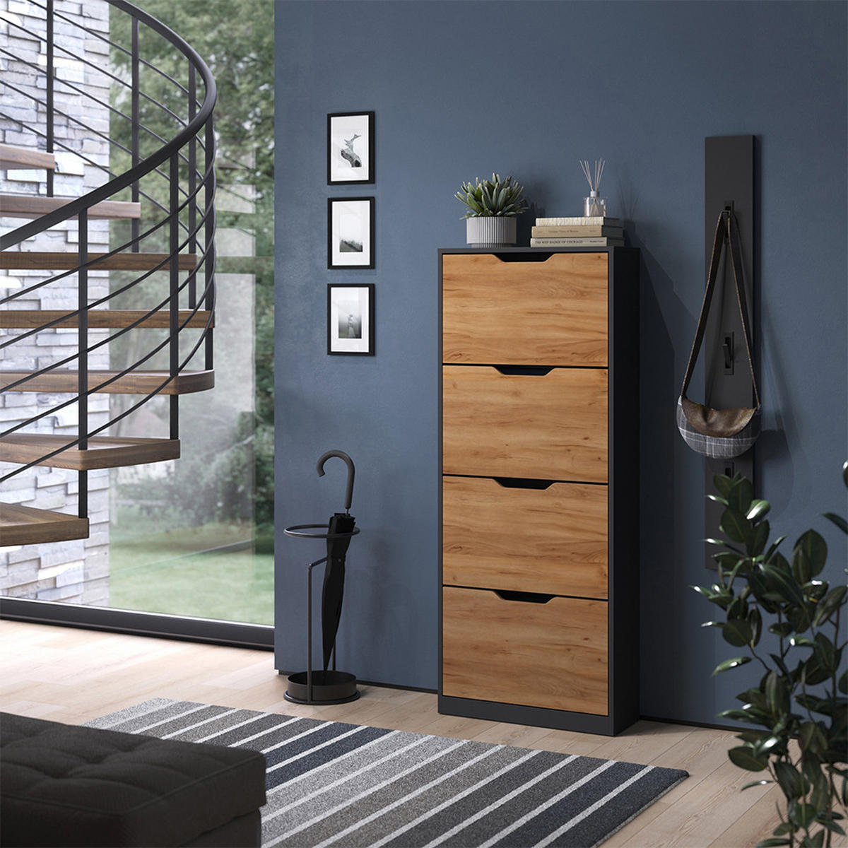 SCHUHKIPPER Luca, Anthrazit/Goldkraft Eiche, 59 x 146 cm mit 4 Kippfächern - Honigeiche/Anthrazit, Holzwerkstoff (59/146/22cm) - Vicco