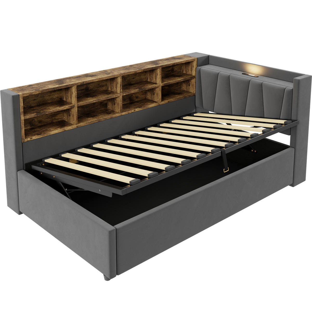 SAMT-POLSTERBETT 90/200 cm mit Bettkasten, USB-C und Nachtlicht - Dunkelgrau, Textil (90/200cm) - BEAOK