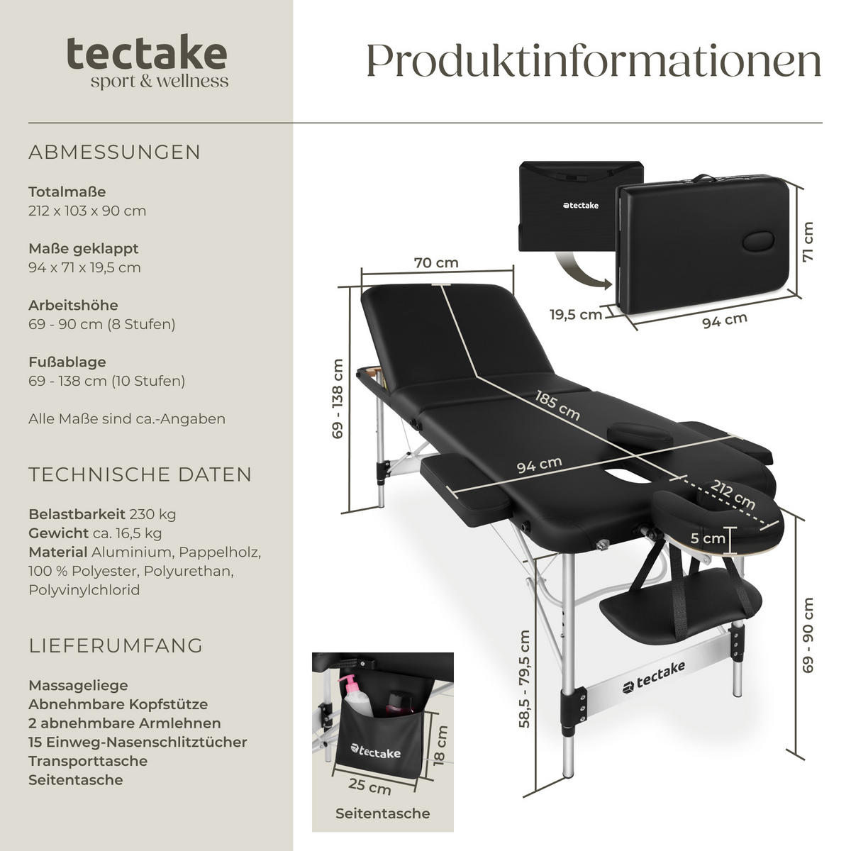 MASSAGELIEGE 3 Zonen Phuket,212 x 103 x 90 cm,schwarz - Schwarz, Metall (103/90/212cm) - tectake