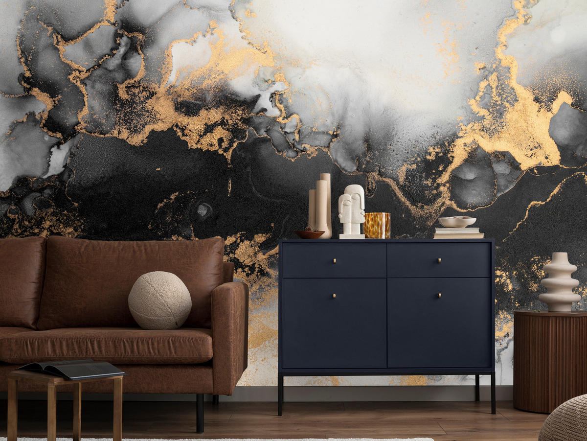 FOTOTAPETE für Wohnzimmer Marmor Klassisch Gold Akzente 100x70 - Gelb/Beige, Papier (100/70cm) - Muralo