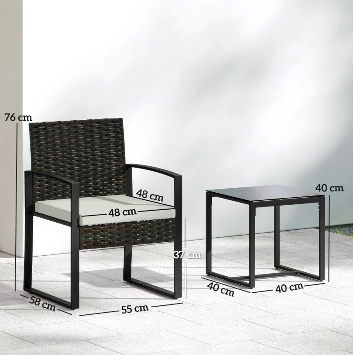 GARTENSET aus Stahl 55x58x76 cm Cremegrau mit 2 Sesseln, Tisch und abnehmbaren Kissenbezügen - Braun, Metall - Modfu