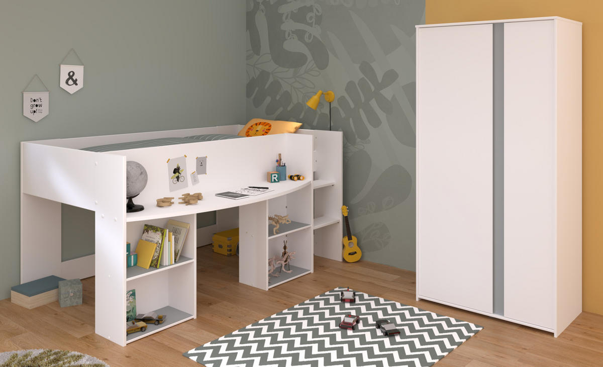 KINDERZIMMER in weiß Set 2-tlg. mit Kleiderschrank und Hochbett 90x200 - Weiß/Rosa, Holz/Holzwerkstoff (205/182/104cm) - Parisot Meuble
