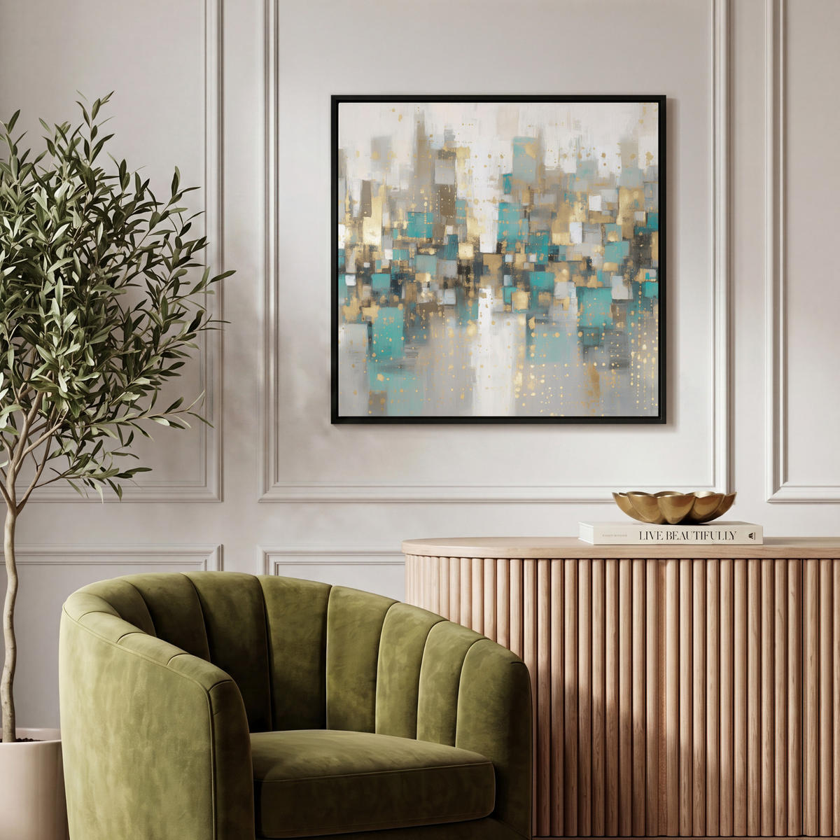 LEINWAND Bilder mit Rahmen - Abstrakt - Blöcke - Gold - Skyline - 50x50 - Beige, Textil (50/50cm) - MuchoWow