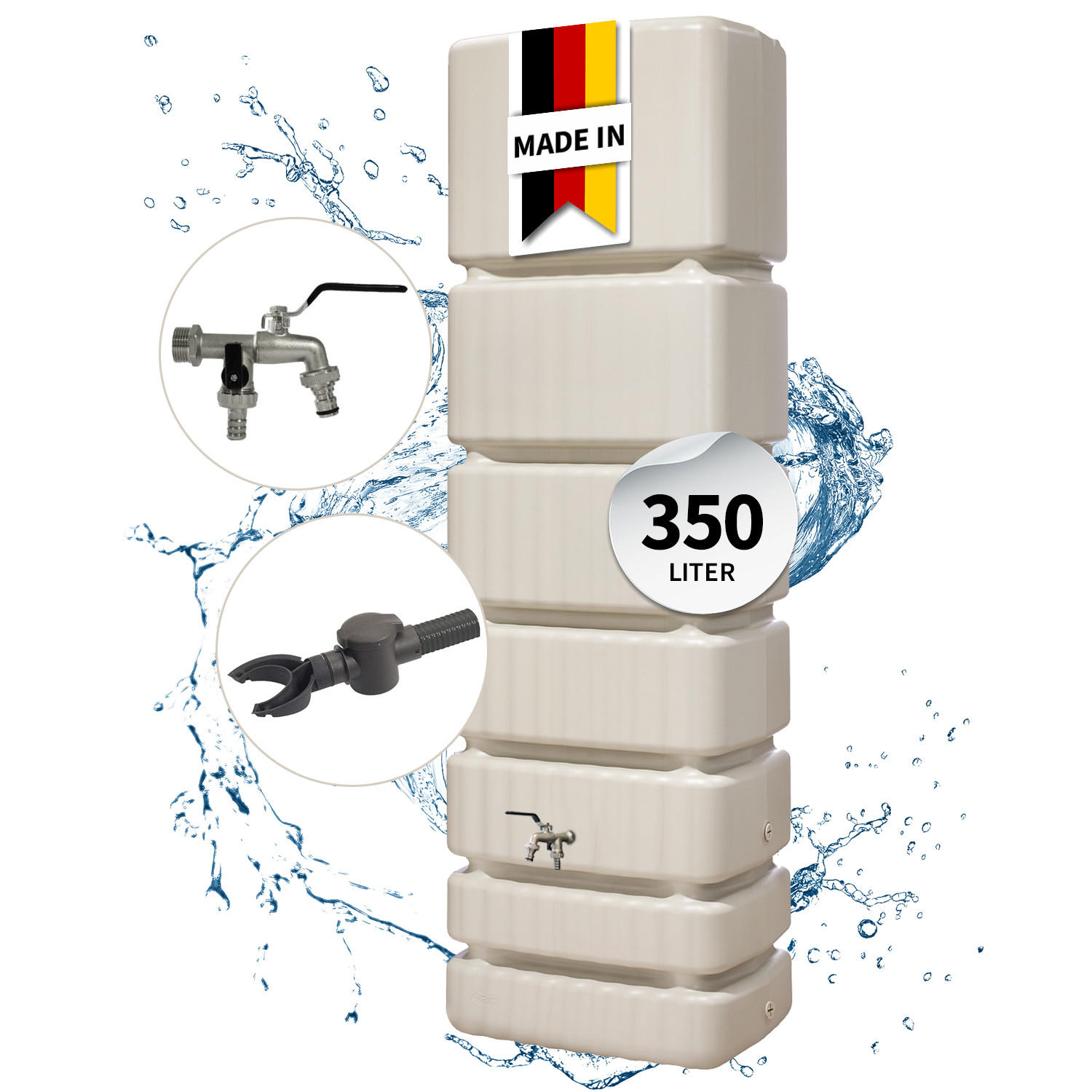 REGENTONNE Wandtank Komplett-Set 350 L, sandbeige inkl. Chrom-Doppelauslaufhahn und Fallrohranschluss - Beige, Kunststoff (39/184/60cm) - 4rain