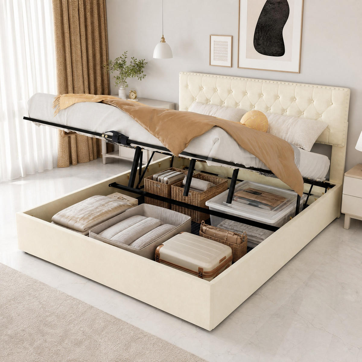 POLSTERBETT 160/200 mit Bettkasten, Hydraulikfunktion, Veloursbezug und weichem Kopfteil in Beige - Beige, Holzwerkstoff/Textil (160/200cm) - EVRYAE