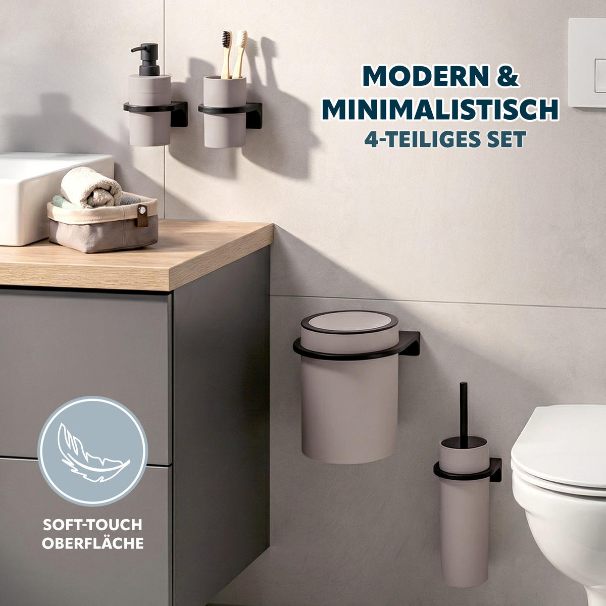 BAD-ACCESSOIRES-SET (4er-Set) SAVONA, Soft-Touch, taupe - Taupe, Kunststoff (19/24.5/19cm) - bremermann