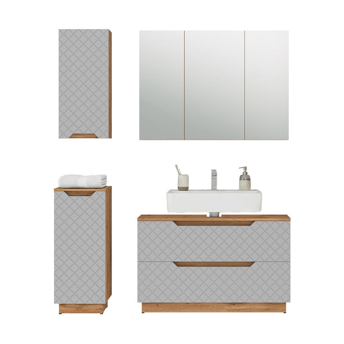 BADMÖBEL-SET Lotta Eiche/Grau mit Kachelstruktur 4 Teile - Eichefarben/Grau, Holzwerkstoff (99.4/62.5/32cm) - Vicco