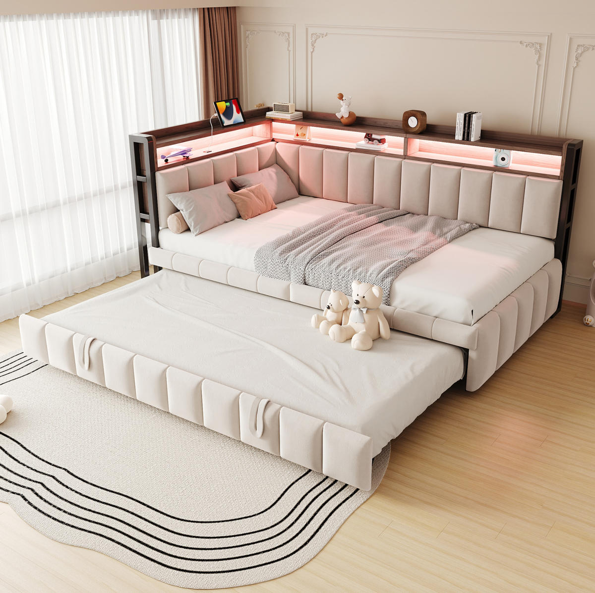 BETT 90/200 cm in Beige mit Ausziehbett, LED und USB-C - Beige, Textil (90/200cm) - BEAOK