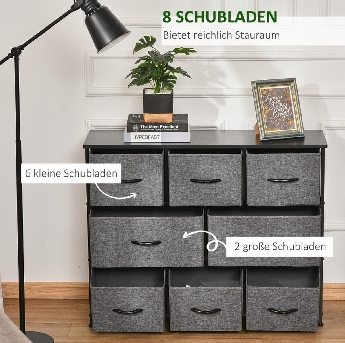 KOMMODE mit 8 Stoffschubladen 100 x 30 x 78,5 cm Dark Gray - Dunkelgrau, Kunststoff (30/78.5/100cm) - Meubliv