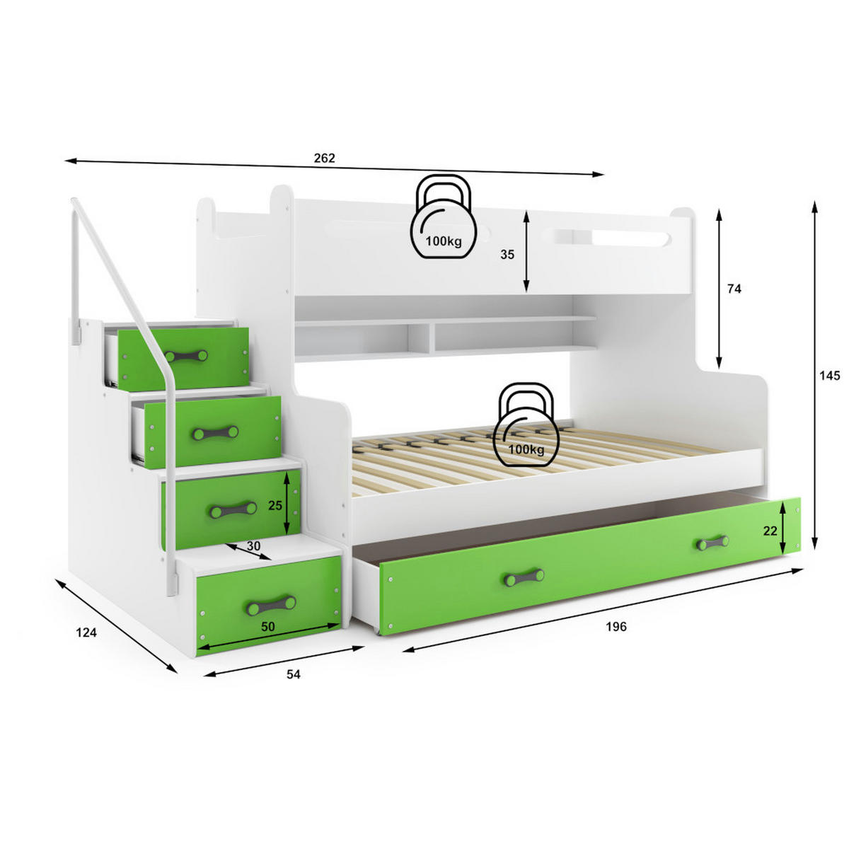 ETAGENBETT Max 3 200x80cm / 200x120cm mit Schublade und Lattenrost - Weiß/Grün, Holzwerkstoff (120/200cm) - Interbeds