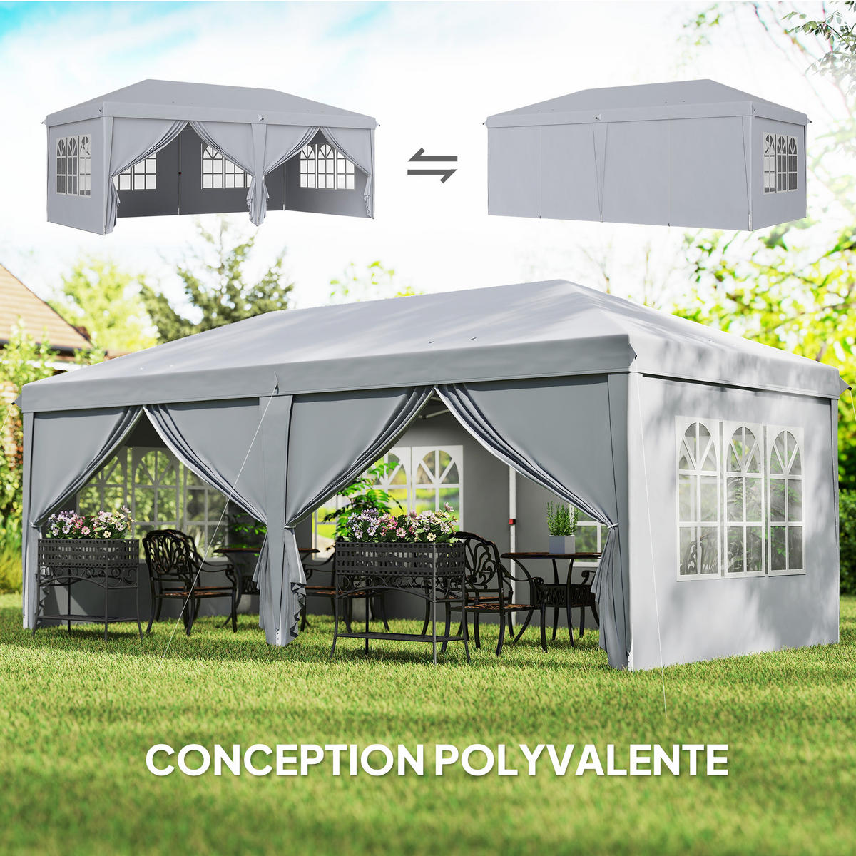 PAVILLON DE-14026 6/3 m, 4 Seitenwände, 4 Fenster Hellgrau - Hellgrau, Textil (295/270/585cm) - ComfortXL