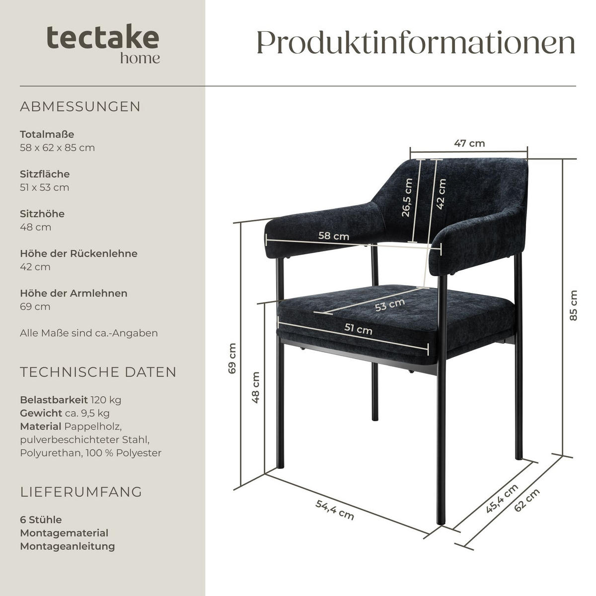 ARMLEHNSTUHL 6er Set Doé 58 x 62 x 85 cm Webstoff schwarz/schwarz - Schwarz, Textil (58/85/62cm) - tectake