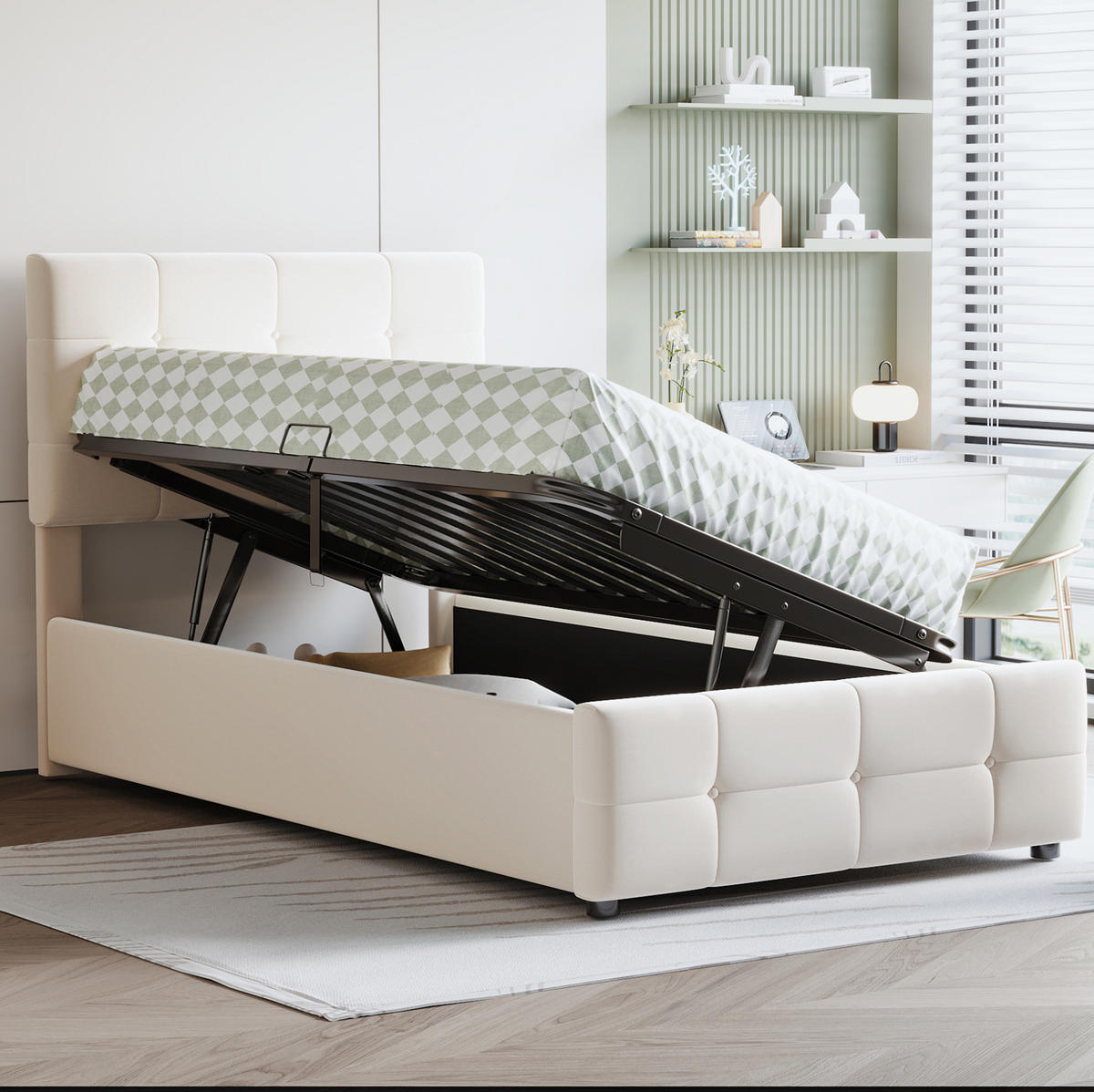 KINDERPOLSTERBETT 90/200 cm Beige aus Samtstoff mit Stauraum und höhenverstellbarem Kopfteil - Beige, Textil (90/200cm) - OKMYHOME