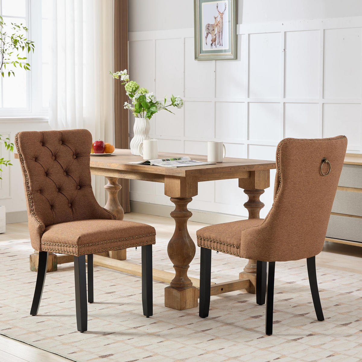STUHL-SET DE-36335 2 Stück mit Leinenbezug Kaffee - Braun, Holz (50/95/65cm) - ComfortXL