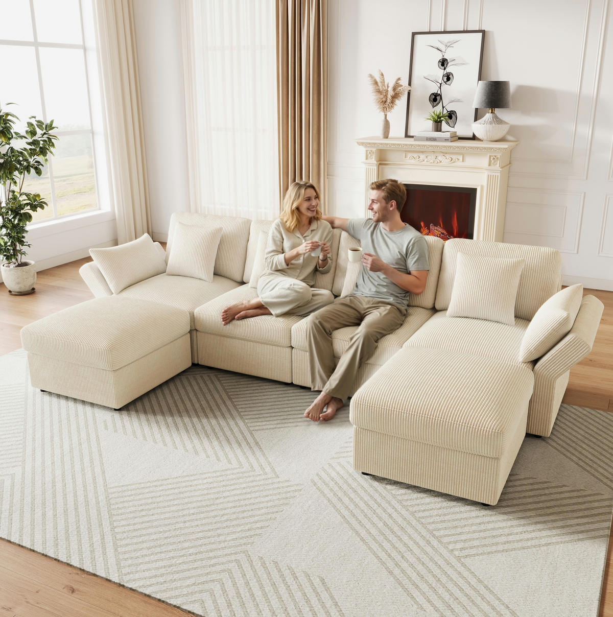 ECKSOFA 290/159,5/89 cm beige aus Cord mit verstellbaren Armlehnen und Hockern - Beige, Textil (159.5/290cm) - OKWISH