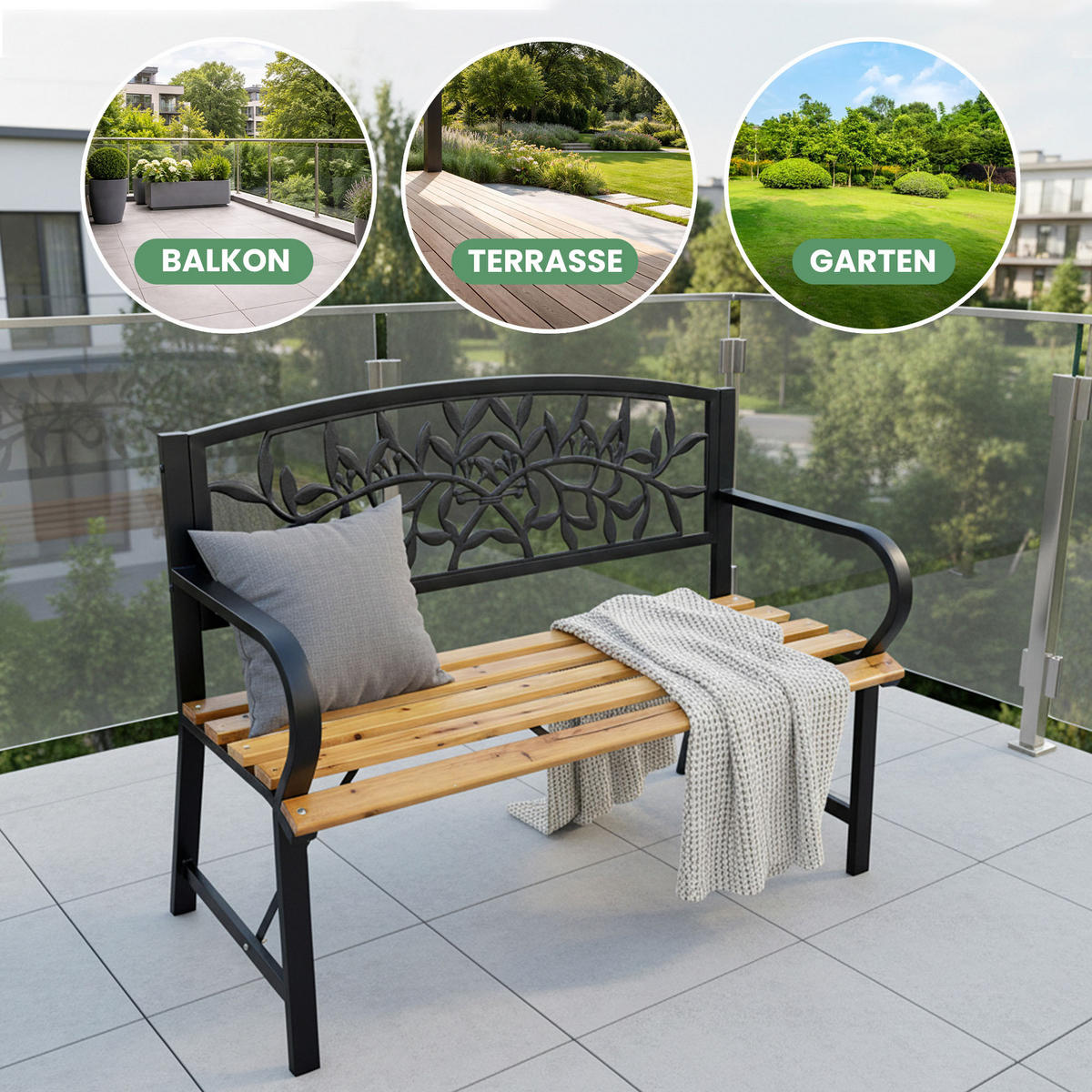 GARTENBANK REO Schwarz, Braun 118 x 87 x51,5 cm - Schwarz/Braun, Holz/Metall (118/87/51.5cm) - Akord