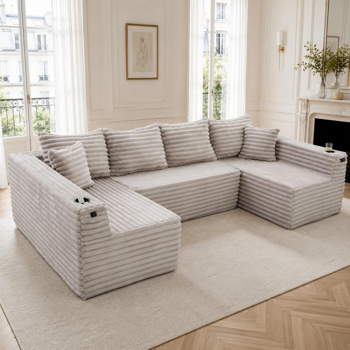 WOHNLANDSCHAFT Hellgrau 320/155/88 cm 6-Sitzer Cordstoff & Getränkehalter - Hellgrau, Textil (320/88/155cm) - PANGIVO