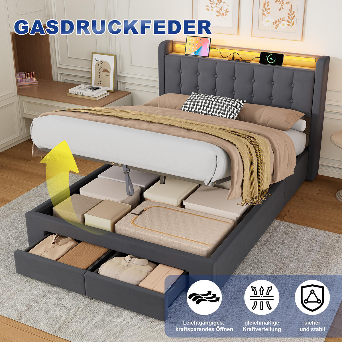 POLSTERBETT 140/190 cm in Dunkelgrau Samt mit Bettkasten, Schubladen und USB/LED-Beleuchtung - Dunkelgrau, Holzwerkstoff/Textil (140/190cm) - CHICFURN