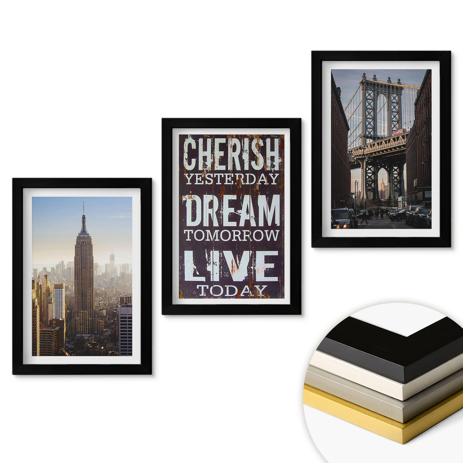 WANDBILDER 3er-Set - 20x30 cm Schwarzer Rahmen - Zitat über New Yorker Landschaften - Schwarz, Kunststoff (20/30cm) - ArtPrintCave