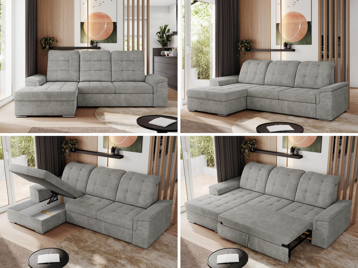 ECKSOFA MADRITO L - Hellgrau Struktur - Links - Silberfarben/Hellgrau, Textil/Metall (160/256cm)
