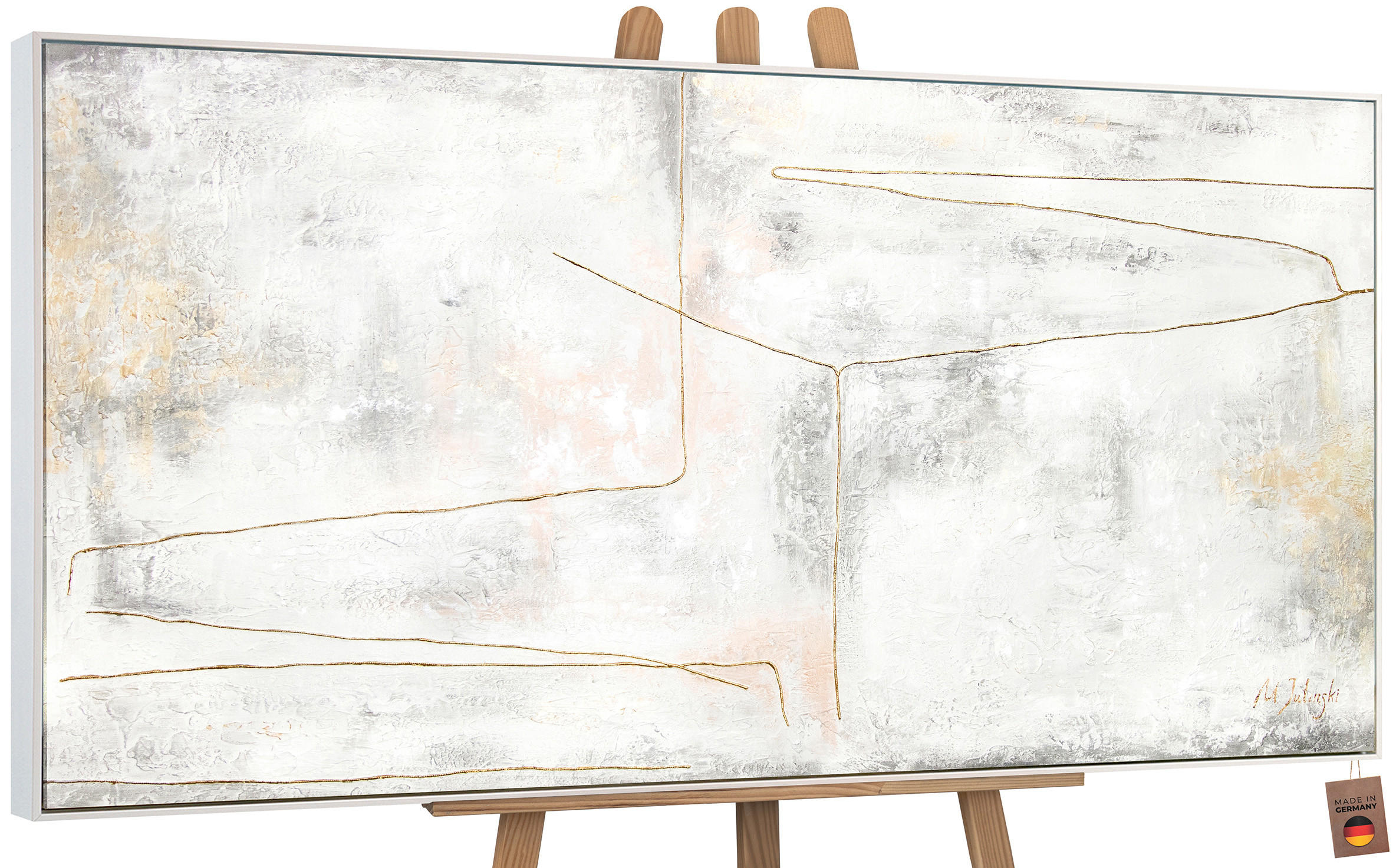 GEMÄLDE Goldene Schleife Schattenfugenrahmen Weiß 200x100 cm - Weiß, Holz (200/100cm) - YS-art gallery