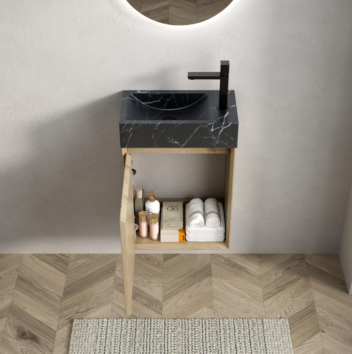 WASCHTISCHUNTERSCHRANK 40x22x58cm Eiche/Schwarz mit Naturmarmorbecken - Eichefarben, Stein (40/58/22cm) - Modfu