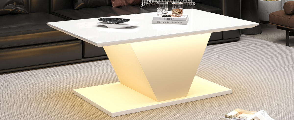 COUCHTISCH Weiß 100/50/46 cm in V-Form mit LED - Weiß, Holzwerkstoff (50/100/46cm) - PANGIVO