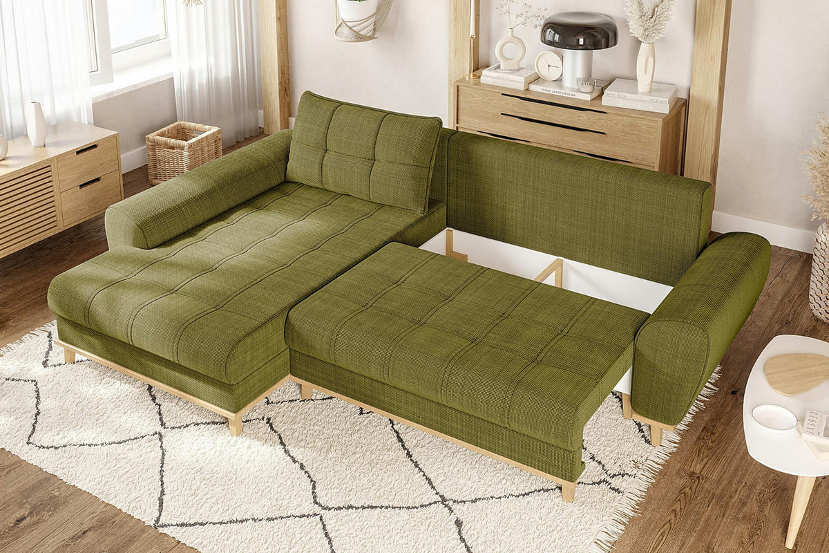 ECKSOFA im Scandi-Stil, Schlaffunktion, Bettkasten B268/T175/H86 cm, Ottomane links, Liegefl. 128x209 cm, Bouclé Chenille Stoff in Grün / 21016 - Eichefarben/Grün, Holz/Textil (268/175cm) - luma-home