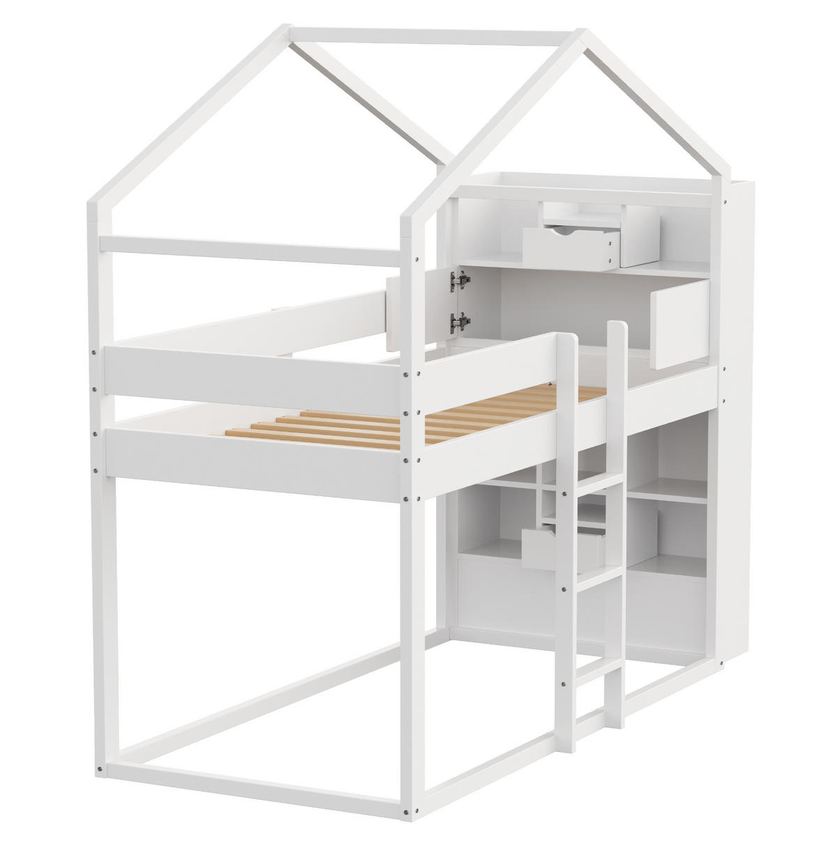 ETAGENBETT 90/200 cm mit Stauraum an beiden Kopfteilen, Sicherheitsgeländer und offenem Unterbett aus Kiefern , Weiß - Weiß, Holzwerkstoff (90/200cm) - Redom
