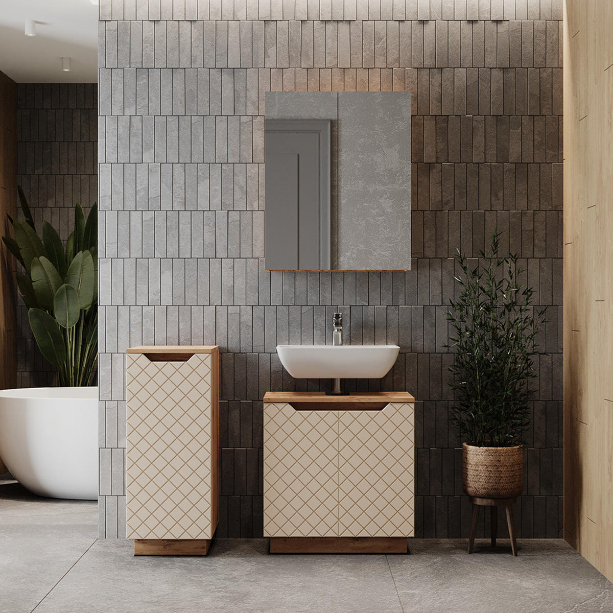 BADMÖBEL-SET Lotta Eiche/Kaschmir mit Kachelstruktur 3 Teile - Kaschmir, Holzwerkstoff (59.8/62.1/32cm) - Vicco