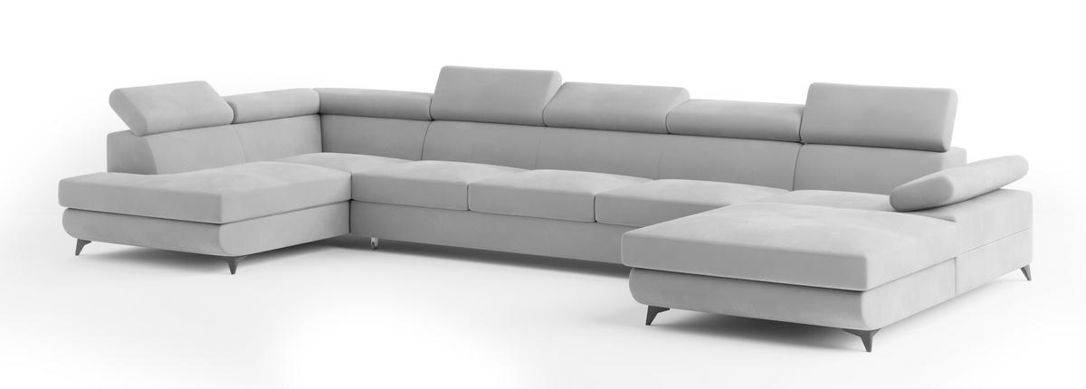 WOHNLANDSCHAFT MONTIVA Hellgrau Velours-Stoff mit Schlaffunktion - Hellgrau, Holz (410/89/190cm) - MASSENO