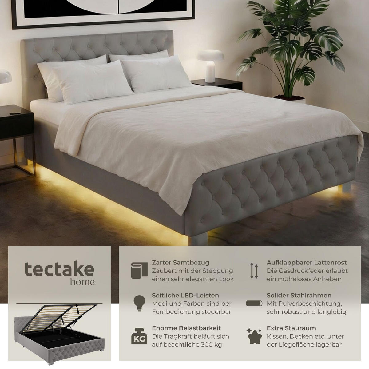 POLSTERBETT Daytona,großer Stauraum,dunkelgrau - Dunkelgrau, Holz (180/200cm) - tectake