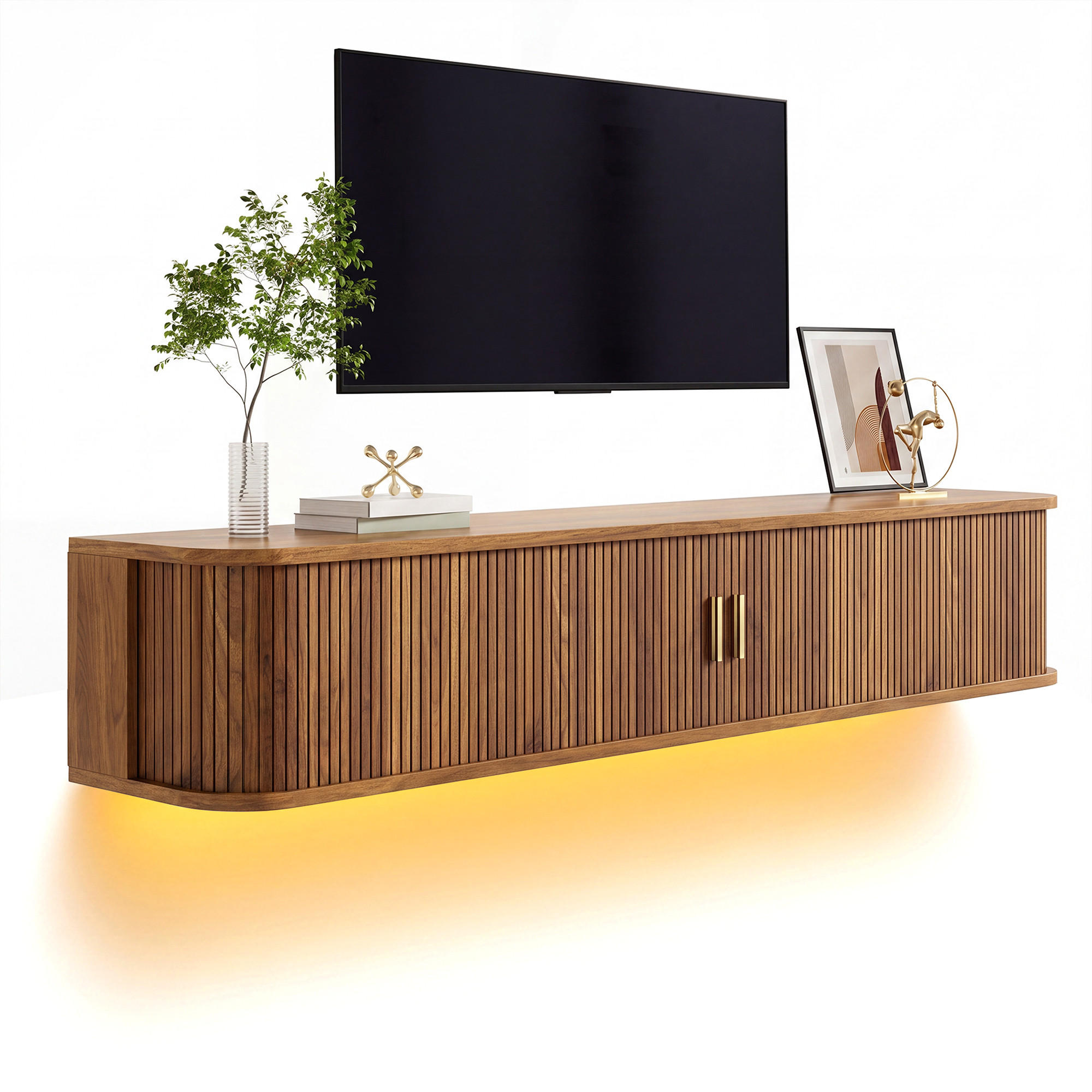 TV-BOARD Wandhängend MDF LED Rillenoptik Wohnzimmer - Walnussfarben, Holzwerkstoff (175/30/30cm) - FLIEKS