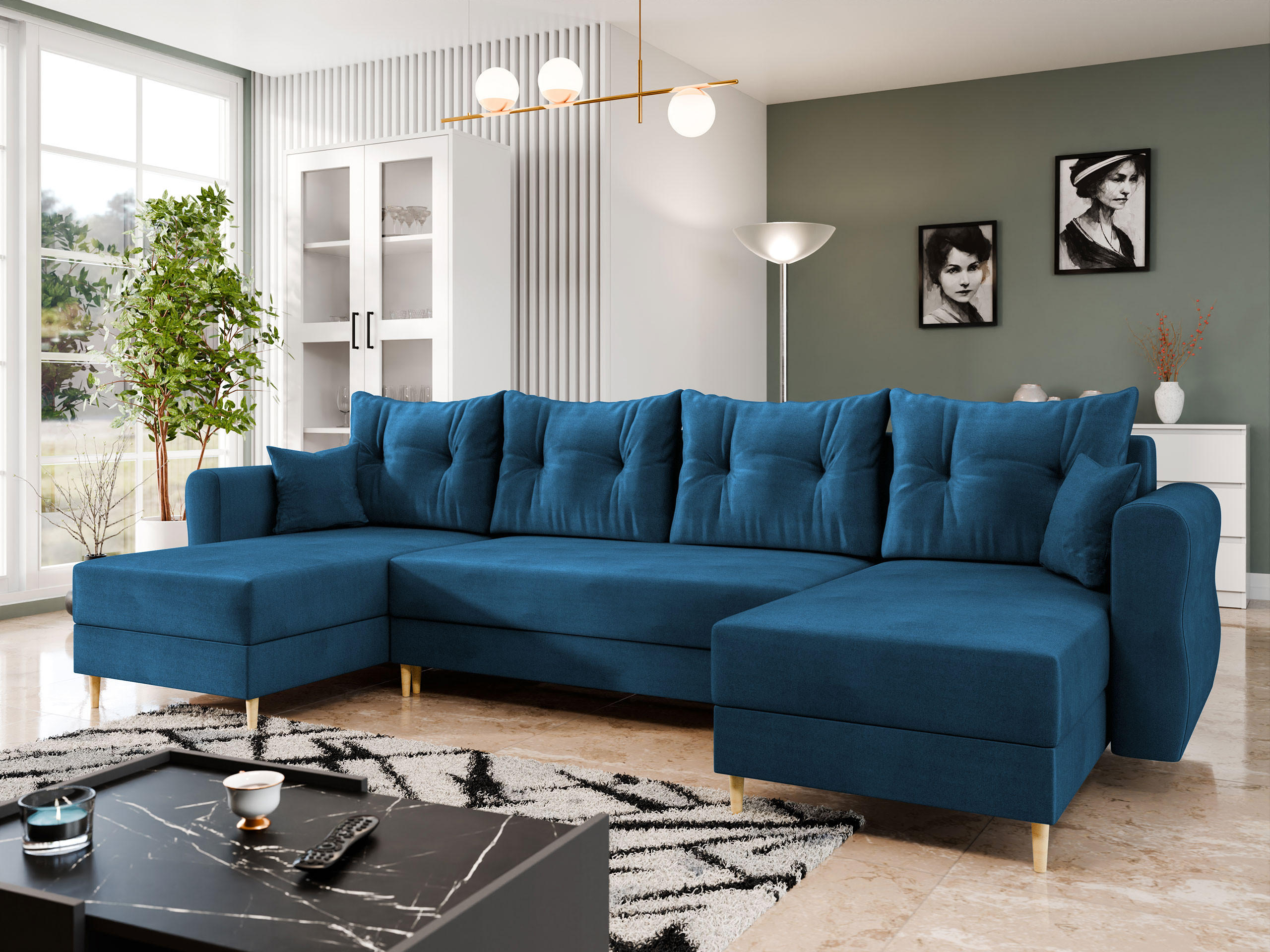 WOHNLANDSCHAFT Zako U - Blau/Naturfarben, Holz/Textil (310/85/138cm) - MIRJAN24