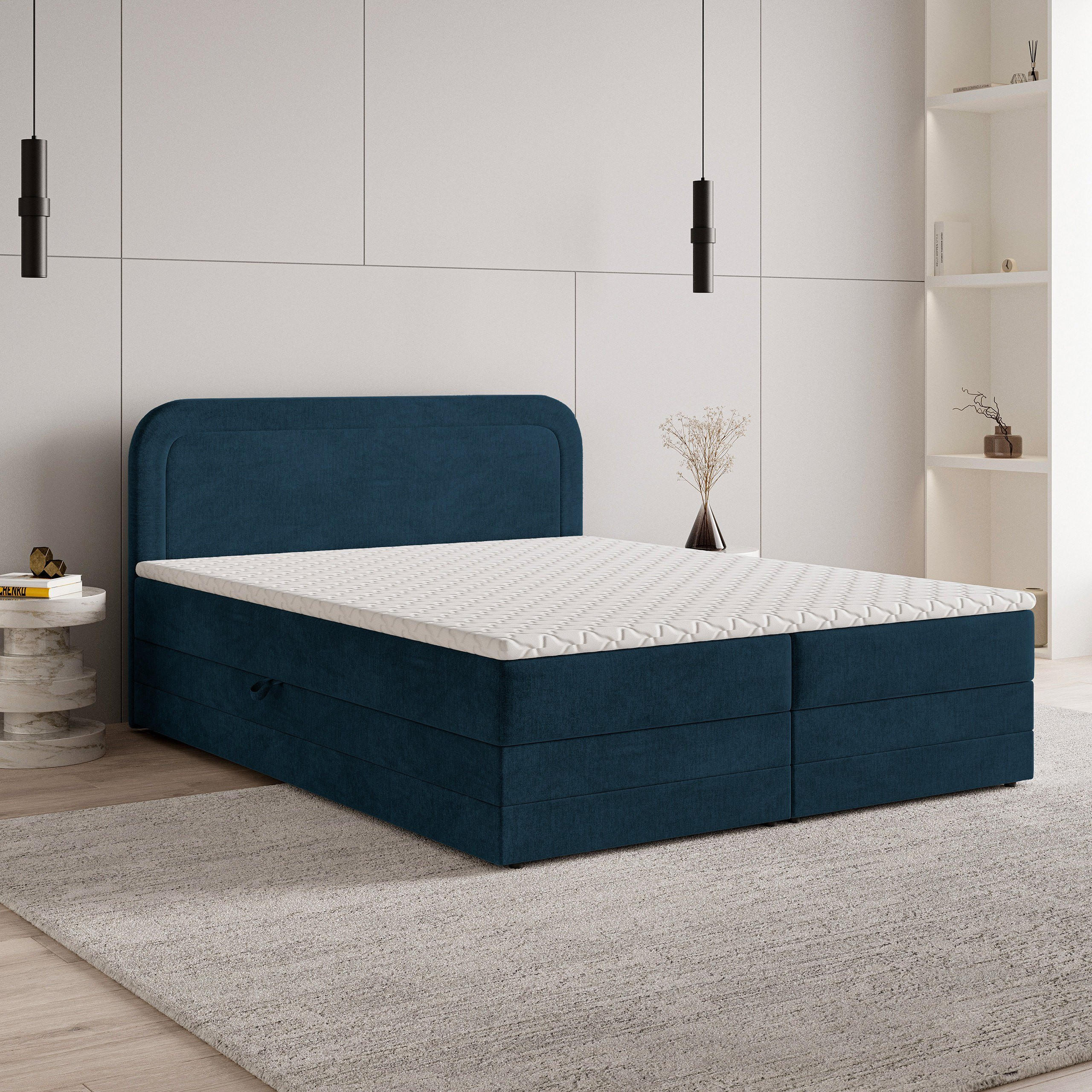 BOXBETT ARMEL 140x200 cm mit Matratze und Topper - Blau - Blau, Holz (140/200cm) - MASSENO