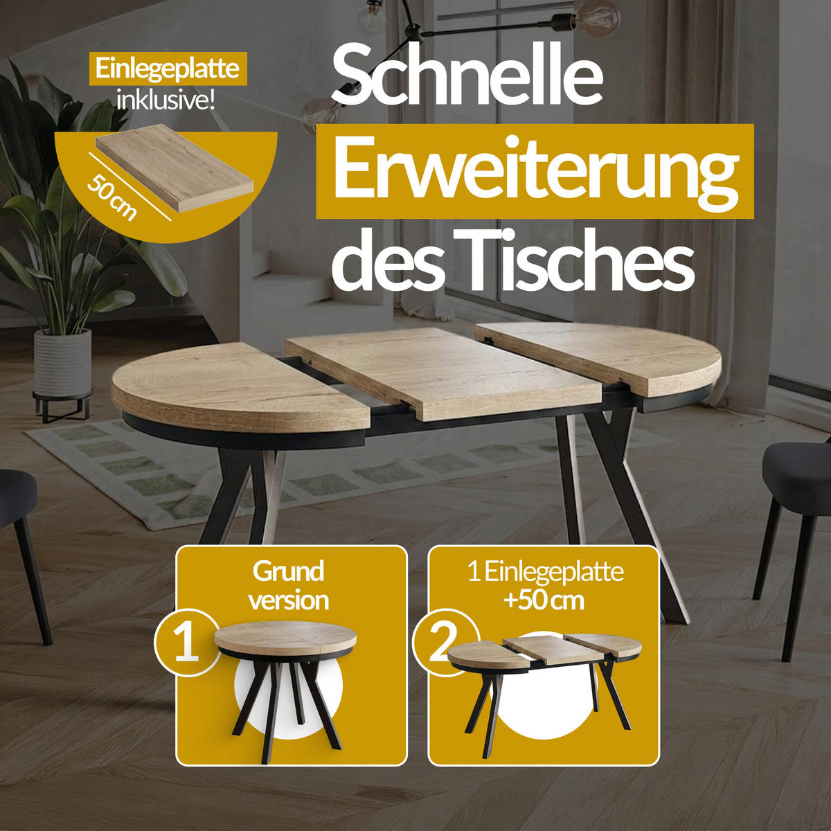RUNDER Esstisch ausziehbar – Moderner Wohnzimmertisch und Küchentisch – Tisch mit Stabile Konstruktion, Durchmesser 80 cm - 130 cm - Farbe Craft - Weiß/Braun, Holzwerkstoff (80/80/77cm) - Alpi-Möbel