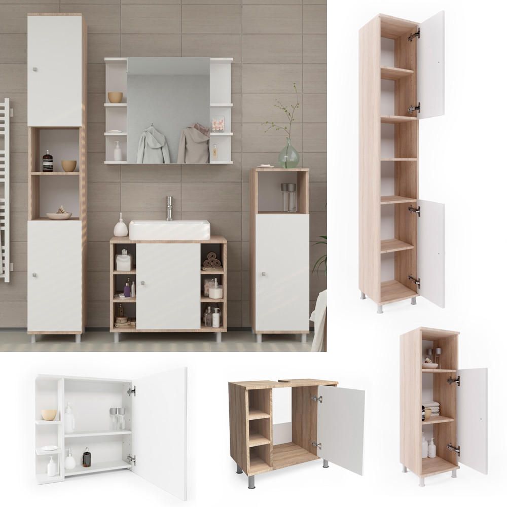 BADMÖBEL-SET Fynn Sonoma/Weiß 4 Teile - Weiß/Sonoma Eiche, Holzwerkstoff (60/54/32cm) - Vicco