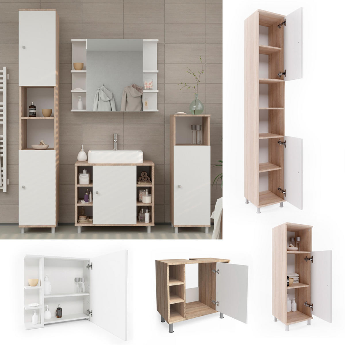 BADMÖBEL-SET Fynn Sonoma/Weiß 4 Teile - Weiß/Sonoma Eiche, Holzwerkstoff (60/54/32cm) - Vicco