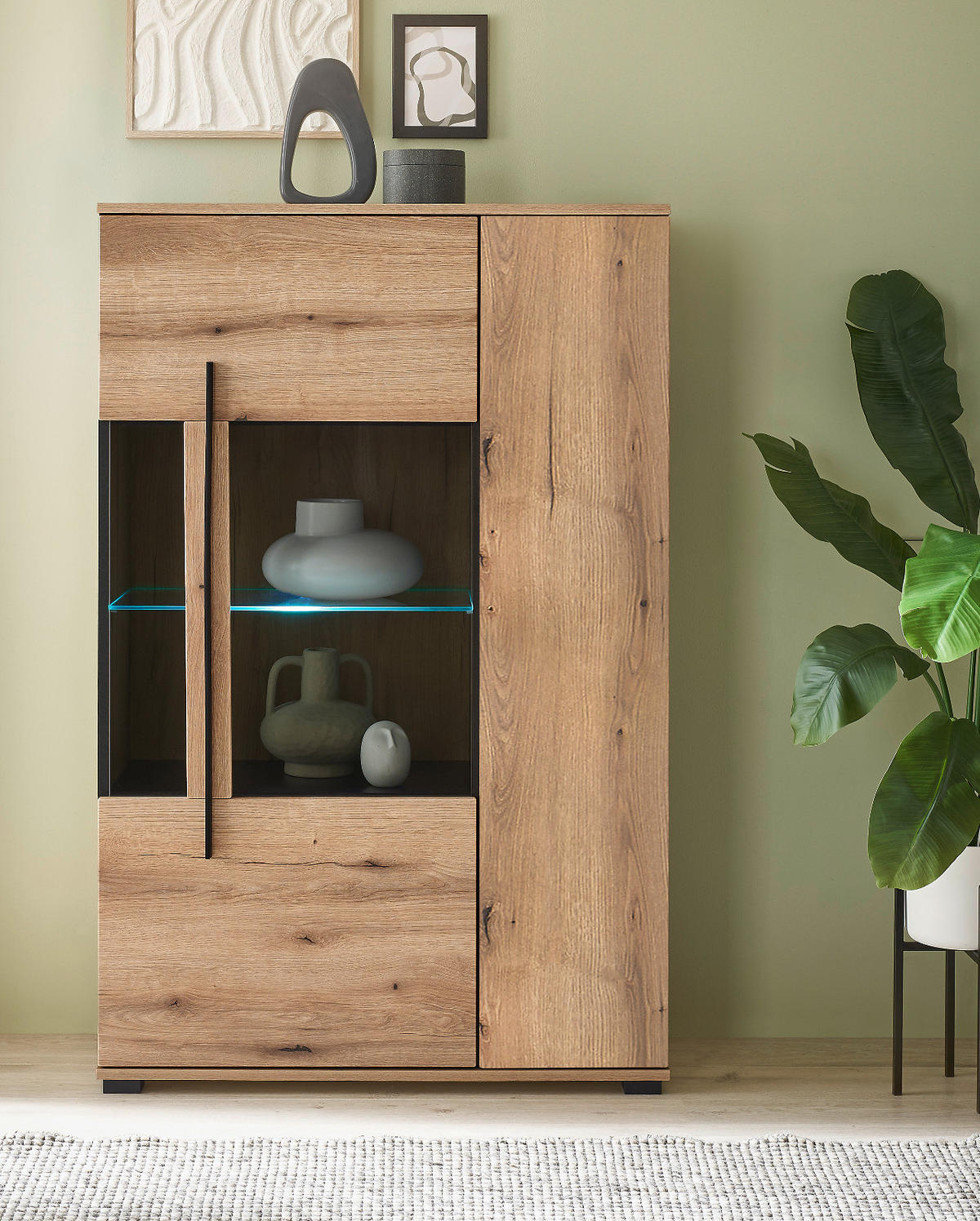 HIGHBOARD Eiche Evoke, Anrichte 90 cm mit Beleuchtung - Eichefarben/Schwarz, Glas/Holzwerkstoff (90/140/37cm) - Furn.Design