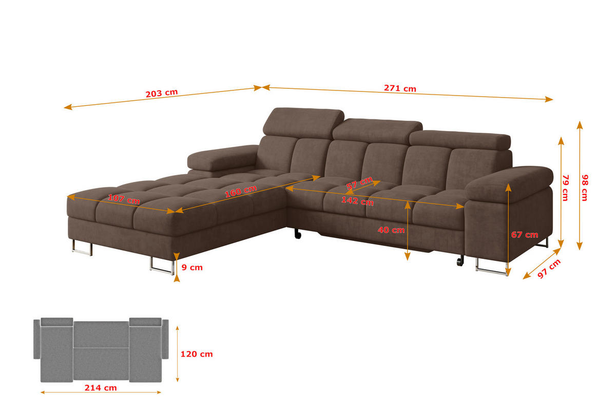 ECKSOFA mit Schlaffunktion Ottomane Links COMA L 271x203x79 Braun Velours - Braun, Holzwerkstoff/Textil (271/203cm) - ALTDECOR