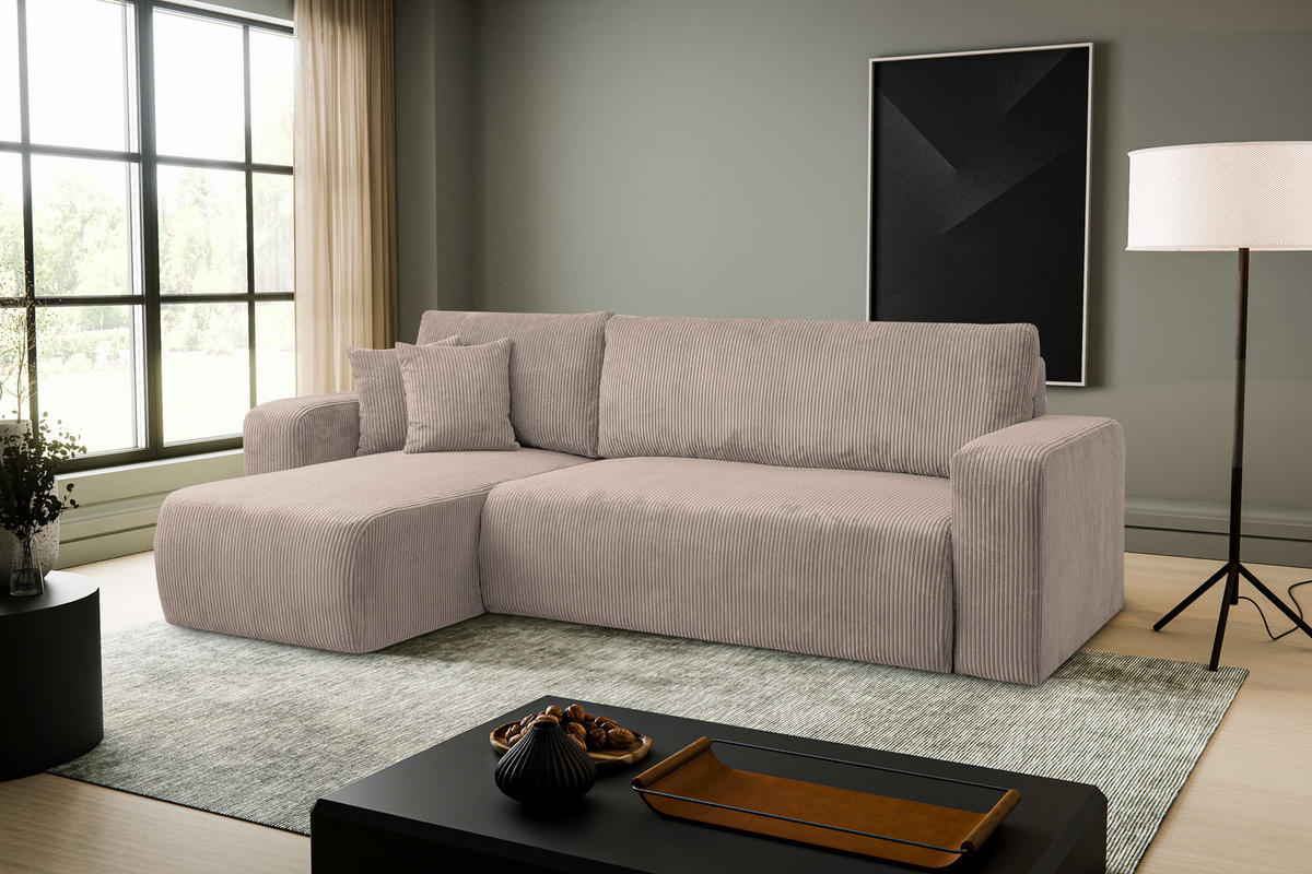 ECKSOFA LUNA mit Schlaffunktion und Bettkasten Cord-Stofff (Braun) - Braun, Textil (244/142cm) - VENASI MÖBEL