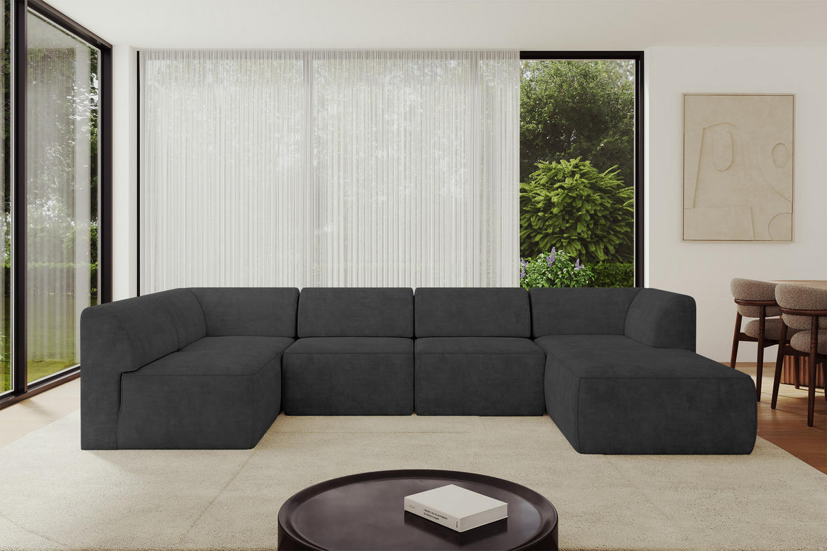 WOHNLANDSCHAFT Ottomane Rechts MOVO-L 345x180x78 cm Dunkelgrau Velours - Eschefarben, Holzwerkstoff/Kunststoff (180/78/345cm) - ALTDECOR
