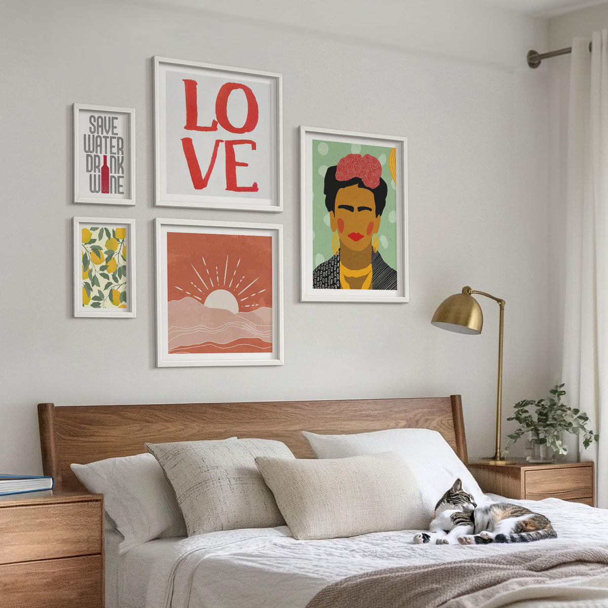 BILDER SET 5er Set - 50x50 cm & 20x30 cm & 40x60 cm Weißer Rahmen - Zitronen Inschrift Liebeslandschaft Frida - Weiß, Kunststoff (40/60cm) - TULUP